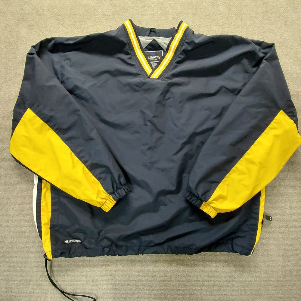 Holloway Mens XL Long Sleeve Pullover Lined Windbreaker Navy Blue Yellow Vneck